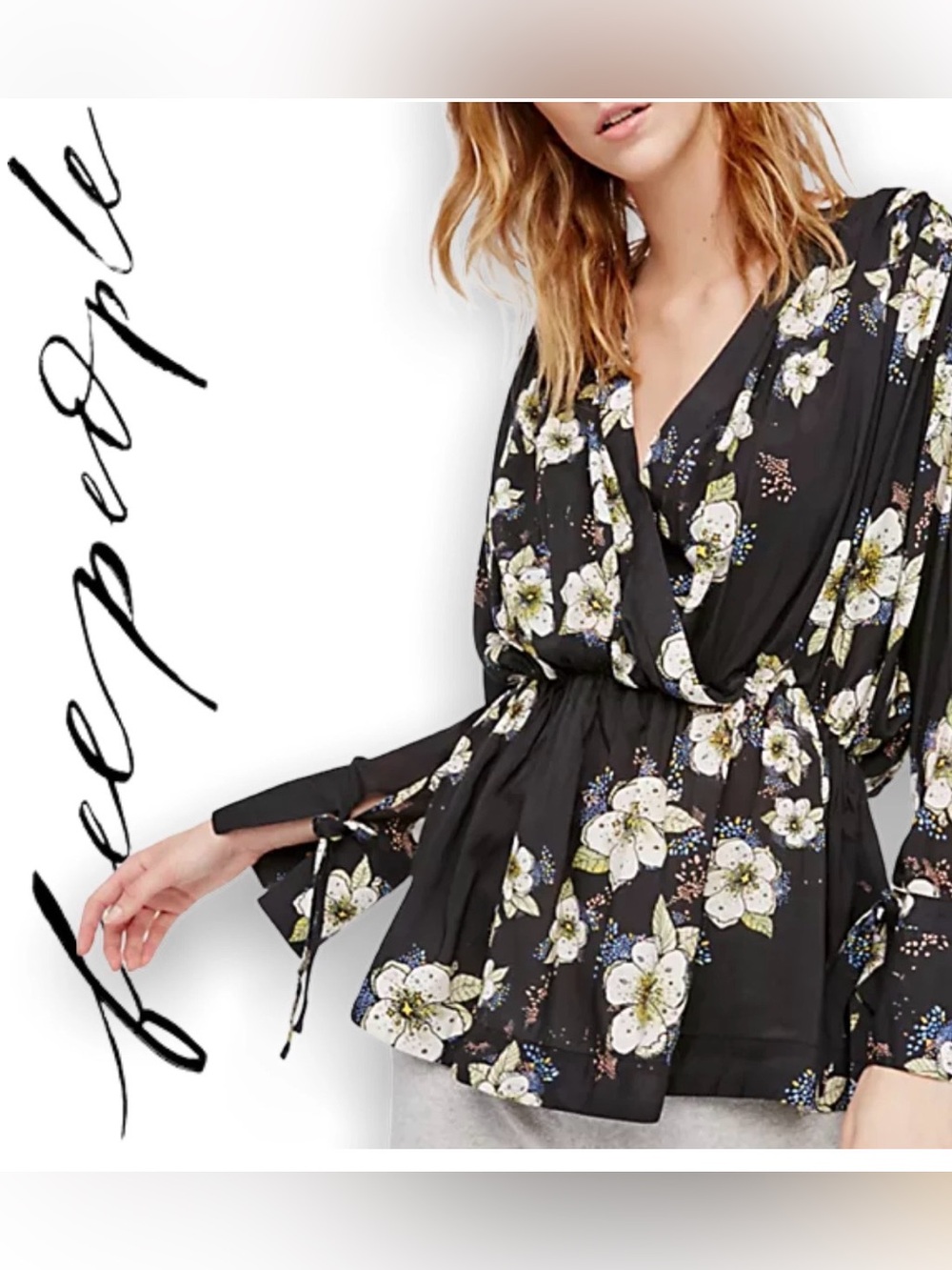 Free People Tuscan Dreams Tunic Gathered Waist Flowy Sleeves Floral XS / PTP-20”